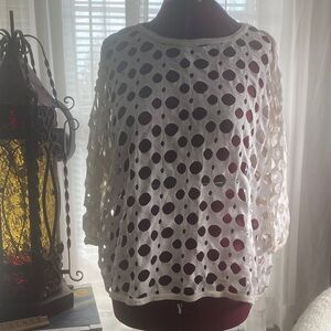 Vintage Women’s White Eyelet Crochet Sweater - Lightweight Layering Top from 90s